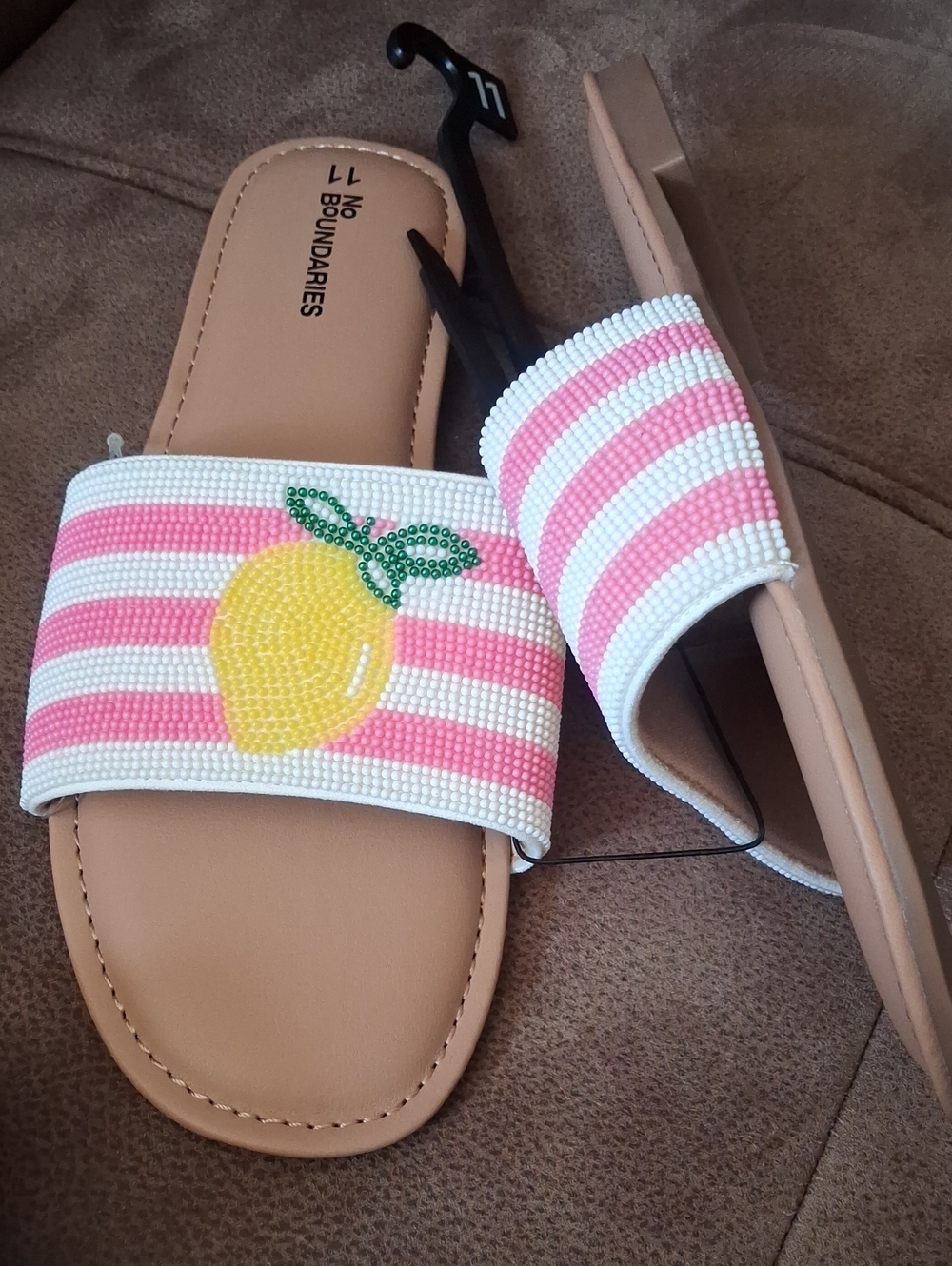No Boundaries Striped Lemon Beaded Slide Sandals - Pink, White & Yellow Size 11